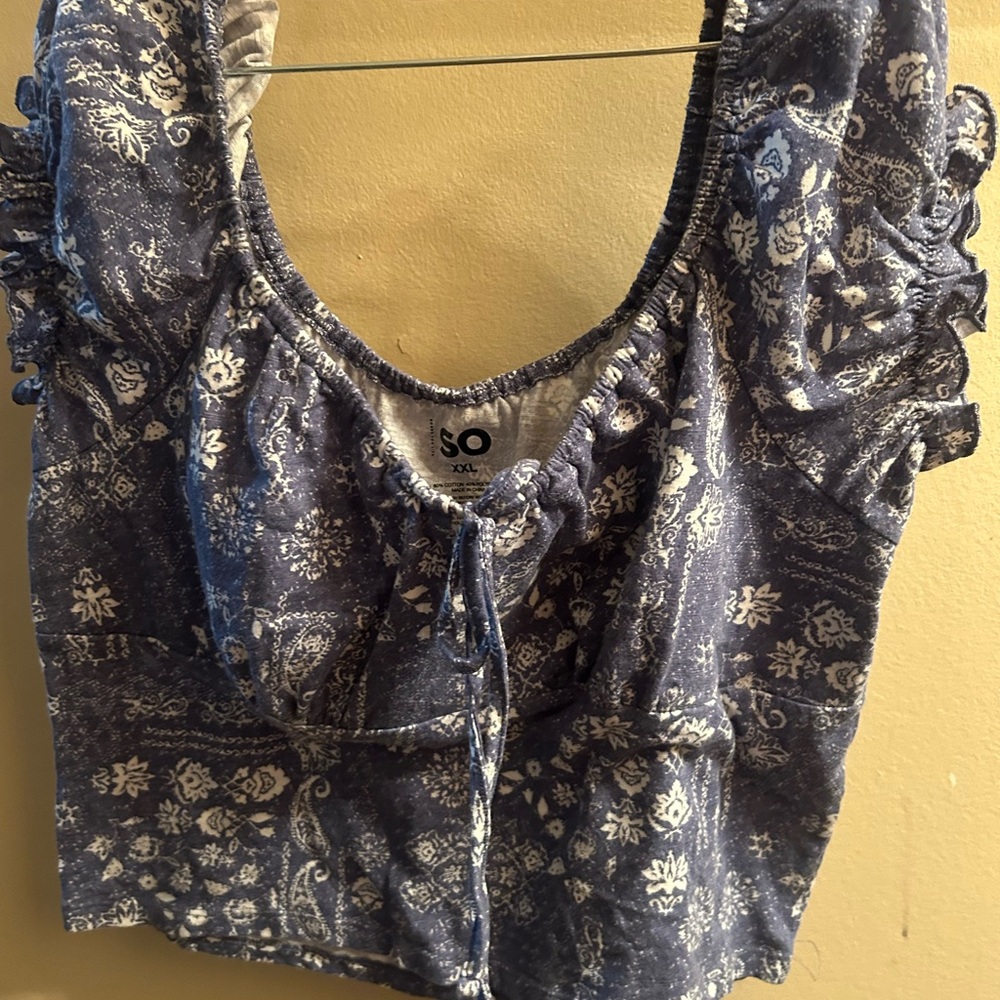 SO Blue Ruffled Tie Front Blouse